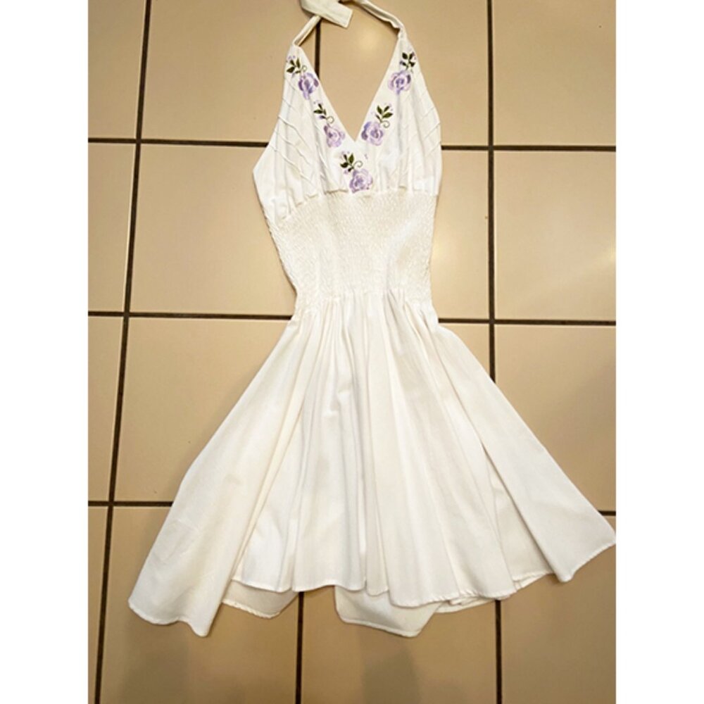 Halter style, smocked waist, white dress from Mexico. Size M.